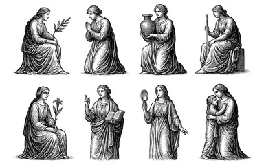 Engraved style women in various classical poses with objects and symbols