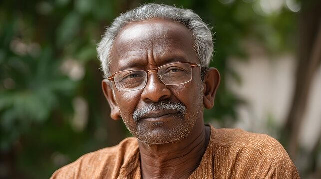 Portrait of an elderly man with glasses and a mustache looking calmly at the
