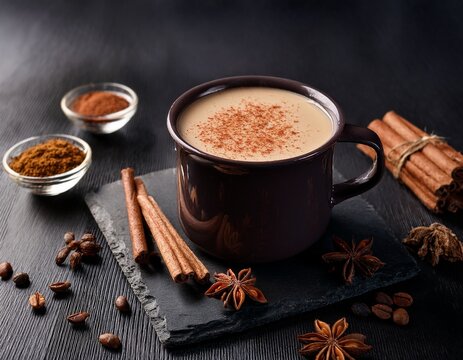 dark mug of coffee drink garnished with spices