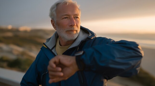 Elderly man stretching outdoors at sunrise with smartwatch monitoring his heart rate — inspiring moment of discipline, routine, and active aging through movement and technology. cinematic color - Powered by Adobe