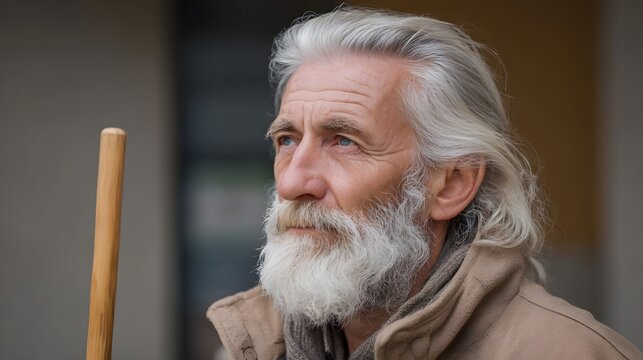 An elderly man with white hair and a beard holding a walking stick looks upwards thoughtfully outdoors
