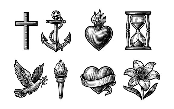 Vintage tattoo icons featuring cross, anchor, heart, hourglass, dove