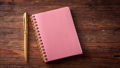 pink spiral notebook and gold pen on rustic wood