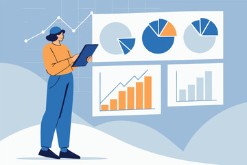 Data analyst meticulously comparing historical performance charts with current projections, visualising trends, financial metrics, growth patterns, and business intelligence insights.
