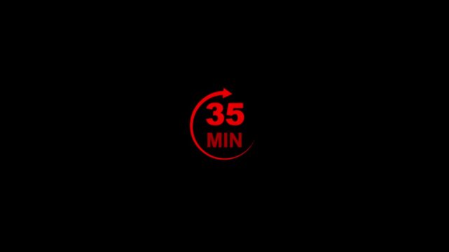 Timer with neon line refreshing arrow. Red color circle arrow refresh icon with 35 min timer icon animation on black background .Motion graphics.