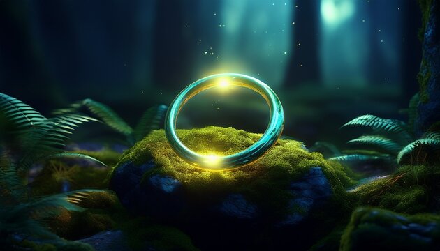 glowing ring on mossy rock in a dark forest