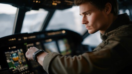 A pilot scanning cockpit instruments as amber system alerts appear across digital flight displays — aviation safety procedures, professional decision-making under pressure, and sophisticated