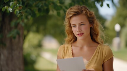 A young woman sits in a park reading a letter, her expression shifting from confusion to realization — the emotional spark of truth dawning. Leaves rustle in the soft wind as her eyes widen and a