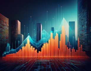 rising financial graph with a cityscape of tall glass office buildings