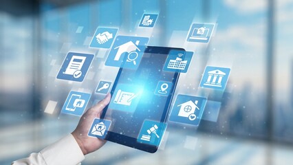 Online property search icons showing real estate rent, sale, housing, location, property management, key, contract, mortgage, home loan, and housing market. Gist