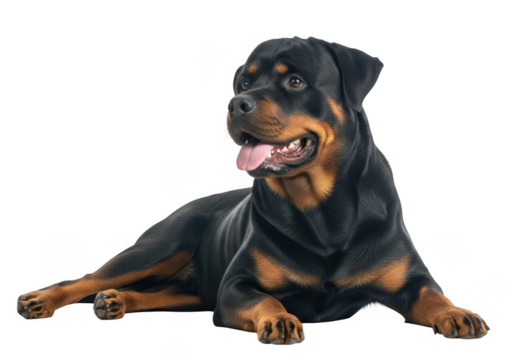 High resolution rottweiler dog lying down portrait stock photo image downloadable breed pet canine isolated on transparent background