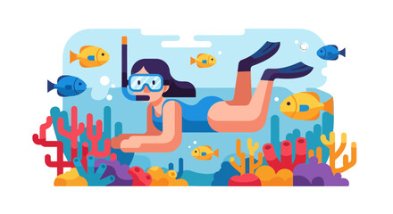 Fototapeta premium Woman Swimming Underwater With Snorkel, Observing Marine Fauna in The Sea