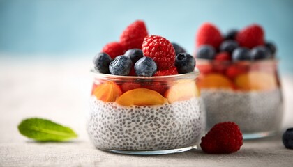close up of chia seed pudding topped with fresh berries