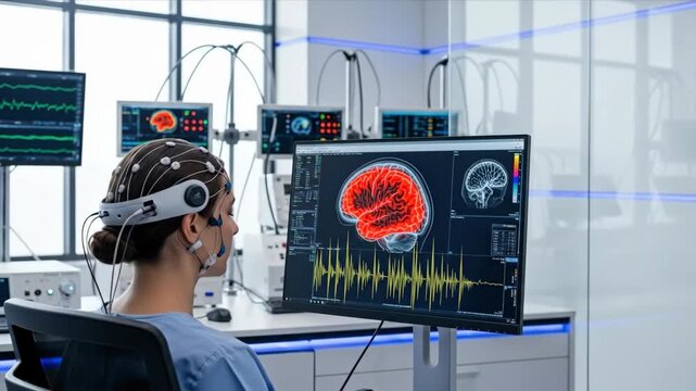Scientist woman in lab coat analyzing brain activity on computer screen. Neuroscience research developing new medical insights.