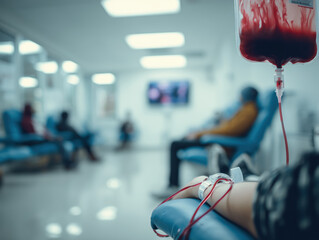 close-up of a patient donating blood in a bright, sterile clinic with others seated in the background, highlighting compassion, healthcare, and lifesaving support