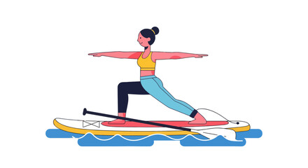 Fototapeta premium Woman Practicing Yoga On A Paddleboard Recreationally Against A Black Background