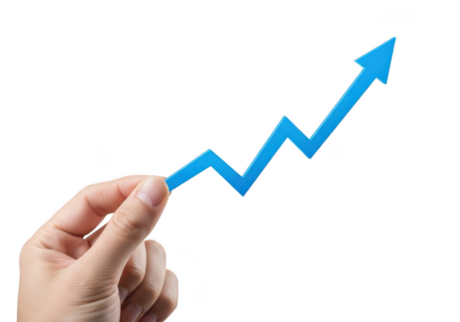 Hand holding blue arrow pointing upward - growth, success, and direction concept stock photo isolated on transparent background