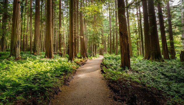 pathway of serenity an inviting forest pathway leads the viewer into the heart of a tranquil wooded scene the path framed by tall slender trees