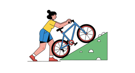 Woman Pushing Bicycle Uphill Depicts Determination, Perseverance, And Achieving Goals