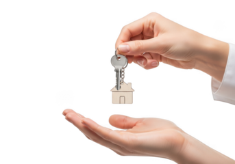 Hand holding house key, real estate concept, new home, property ownership, mortgage, investment isolated on transparent background