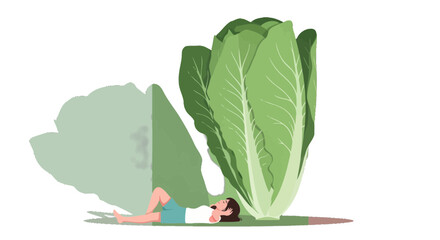 Woman Relaxing Beside Enormous Lettuce Leaf Symbolizing Nature's Calm Embrace