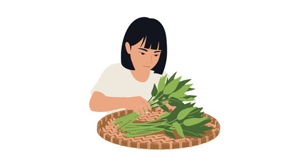 Woman Preparing Vegetables in a Woven Basket on a Black Background