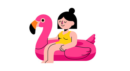 Woman Relaxing On Inflatable Flamingo, Perfect For a Summer Vacation Concept
