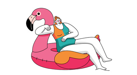 Woman Relaxing On A Flamingo Float, Isolated Against A Black Backdrop