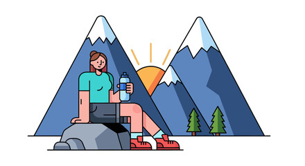 Woman Resting With Water Bottle After Hiking With Mountain Scenery Illustration