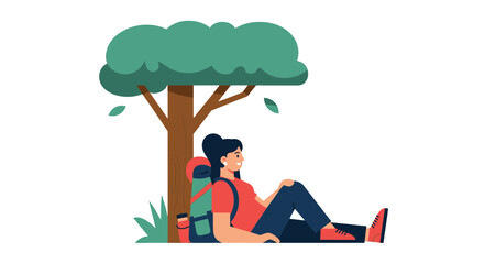 Woman Relaxing Under a Tree After Enjoying Hiking Adventure in Nature's Beauty Scenario