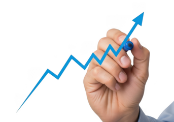 Hand drawing blue arrow upward trend line on glass - business growth concept illustration isolated on transparent background