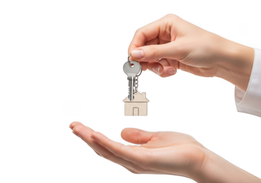 Hand holding house key, real estate concept, new home, property ownership, mortgage, investment isolated on transparent background