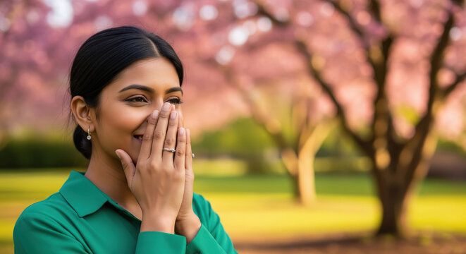 Shy Woman Smiling in Cherry Blossom Park