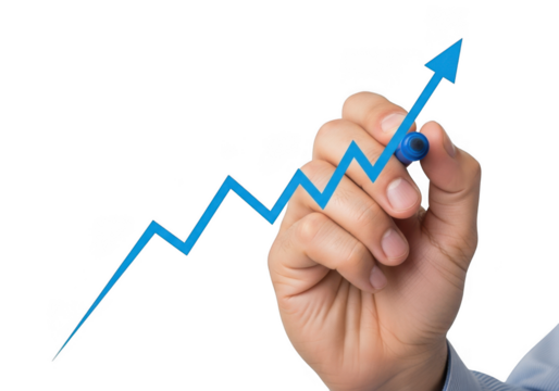 Hand drawing blue arrow upward trend line on glass - business growth concept illustration isolated on transparent background - Powered by Adobe