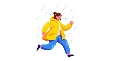 Woman Running Through Rain In Yellow Coat On Black Background Illustration