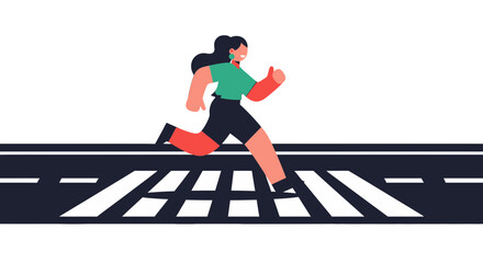 Woman Runs Across the Crosswalk, Energetic Illustration On Black Background