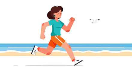 Woman Runs Along Seashore Beach Near The Seagull During Sunset Afternoon Time