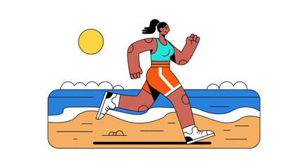 Woman Runs Energetically at the Beach Under a Bright Sun During Nightime