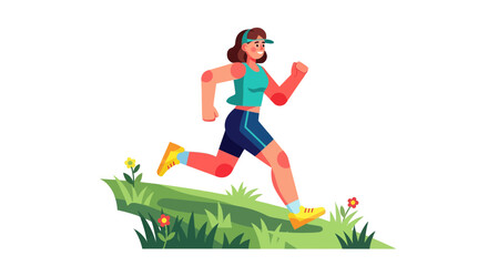 Woman Runs Energetically Through Grassy Landscape with Flowers Against A Black Backdrop