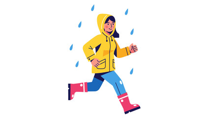 Woman Runs Energetically in a Yellow Raincoat Through A Downpour During A Rainy Day