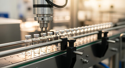 Pharmaceutical manufacturing: Vial filling process on automated conveyor belt ensures precision and efficiency in modern medicine production facility