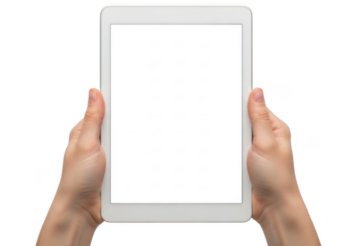 Hands holding white tablet device mockup blank screen for app presentation and advertisement, digital technology, isolated on transparent background