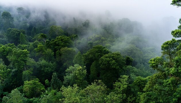 forest canopy in the mist the lush green of a dense evergreen forest is veiled in a soft ethereal mist creating a serene and immersive view of nature