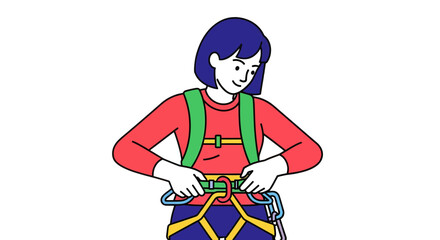 Woman Securing Climbing Harness in a Vibrant Animated Illustration Against a Solid Black Background