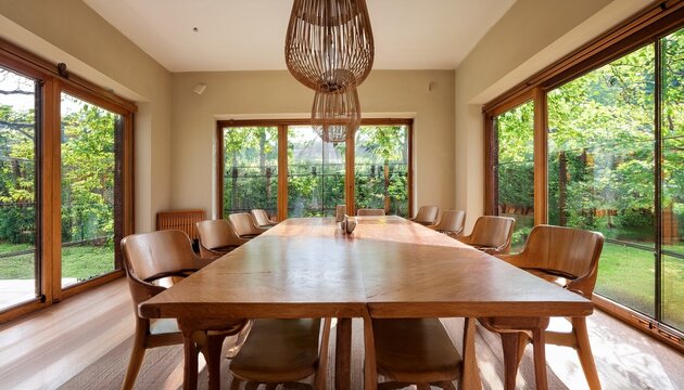 empty dining room a sunlit dining hall featuring rows of wooden tables and chairs creating a sense of organized simplicity framed by expansive windows overlooking the lush outside