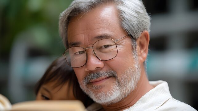 An elderly man wearing glasses smiles gently while reading a book with a child leaning on him suggesting a warm family moment outdoors - Powered by Adobe