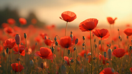 Obraz premium Ultra realistic fields of poppies. Stunning poppy landscape photography. Vibrant red poppy flower fields. Scenic poppy fields in bloom.