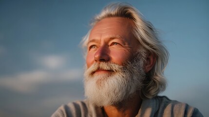 Elderly man with long gray hair and beard smiles looking up at the sky during golden hour