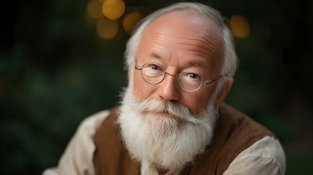 Gentle wise elder man with a flowing white beard and round glasses smiling warmly