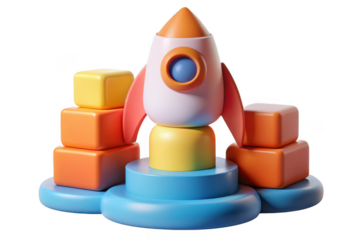 3d rocket launch toy blocks colorful cute spacecraft startup business icon illustration isolated on transparent background